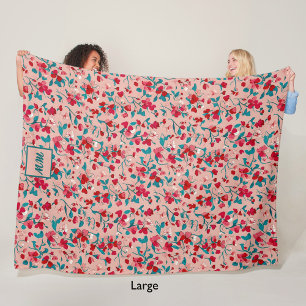 Coquette bloemenrood roze en blauwgroen monogram fleece deken