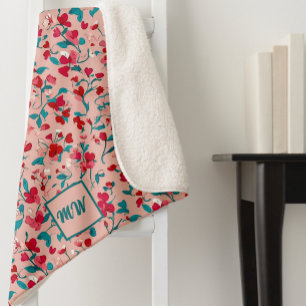 Coquette bloemenrood roze en blauwgroen monogram sherpa deken