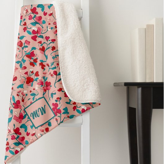 Coquette bloemenrood roze en blauwgroen monogram sherpa deken