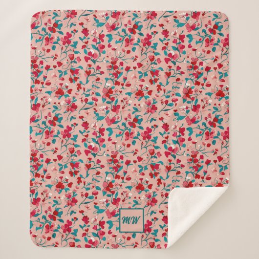 Coquette bloemenrood roze en blauwgroen monogram sherpa deken (Voorkant)