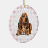 Coquette Bloodhound Dog Pink Gingham Bows Keramisch Ornament (Rechts)