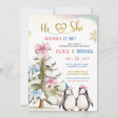 Coquette Blue and Pink Penguin Gender Reveal Kaart (Voorkant)