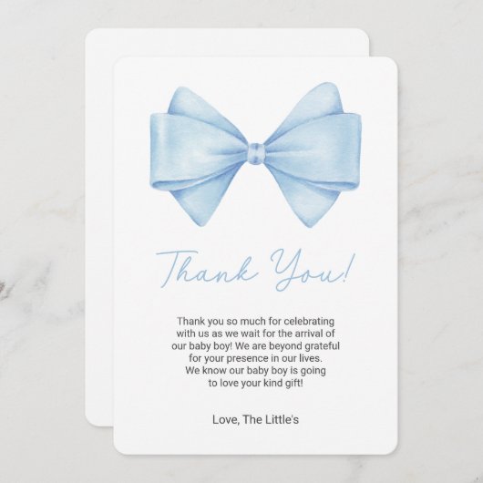 Coquette Blue Bow Baby shower Dank u kaart (Voorkant / Achterkant)