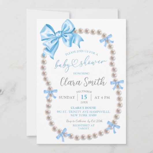 Coquette Blue Bow Boy Baby shower Uitnodiging (Voorkant)