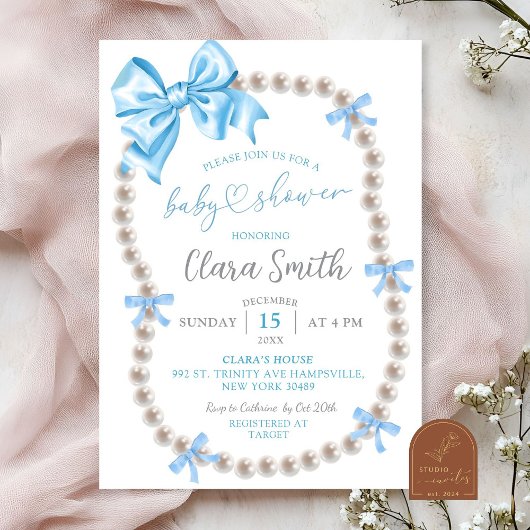 Coquette Blue Bow Boy Baby shower Uitnodiging