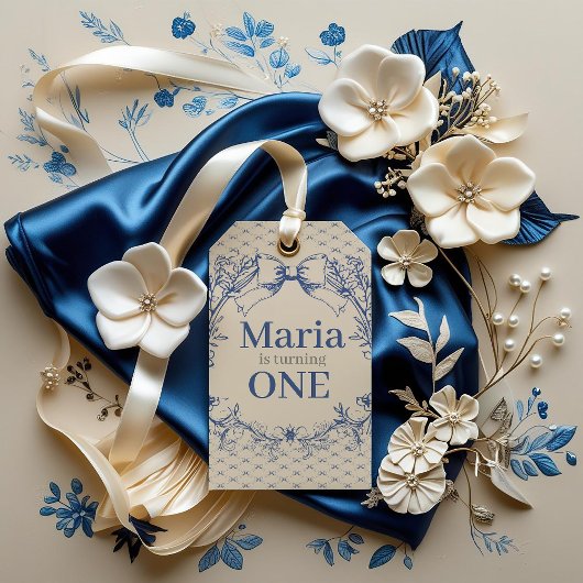 Coquette Blue Bow eerste verjaardag Cadeaulabel