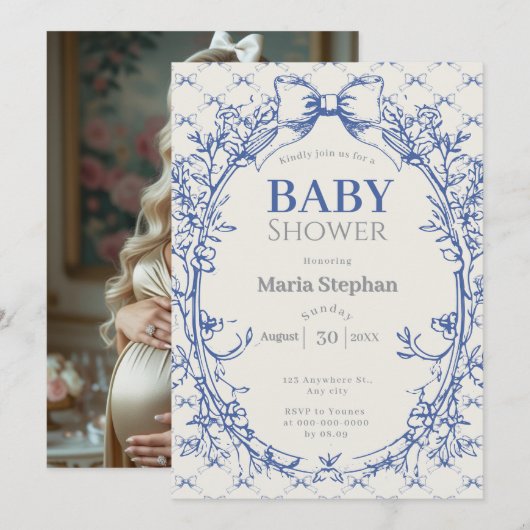 Coquette Blue Bow floral baby shower Kaart (Voorkant / Achterkant)
