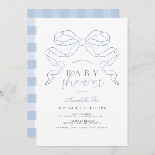 Coquette Blue Bow / Ribbon Boy Baby shower Kaart (Voorkant / Achterkant)