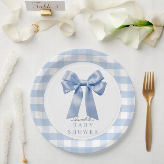 Coquette Blue Bow Ribbon Boy Baby shower Papieren Bordje (Huwelijk)