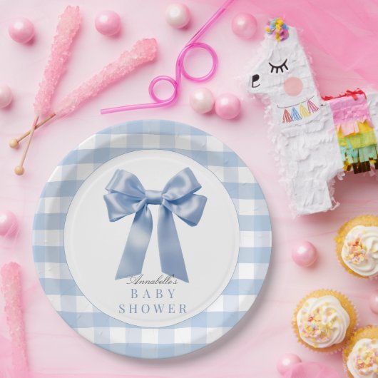 Coquette Blue Bow Ribbon Boy Baby shower Papieren Bordje (Feest)