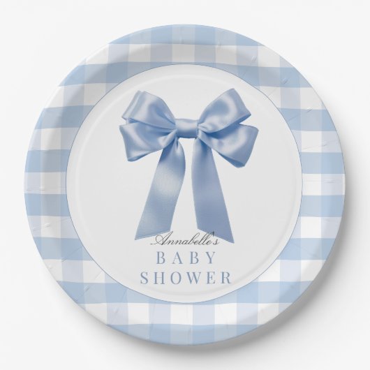 Coquette Blue Bow Ribbon Boy Baby shower Papieren Bordje (Voorkant)