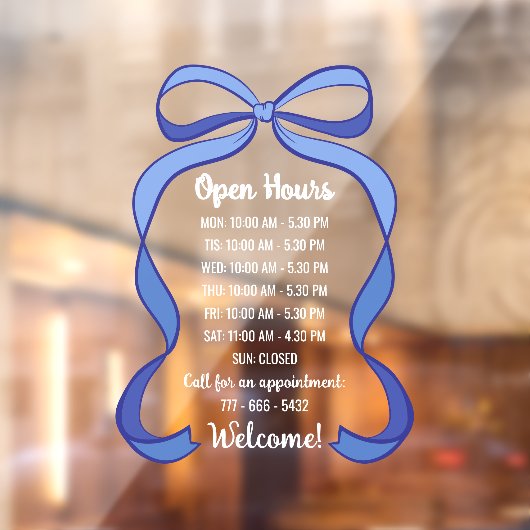 Coquette Blue Bow Small Business Open Hours Raamsticker (Vel 2)