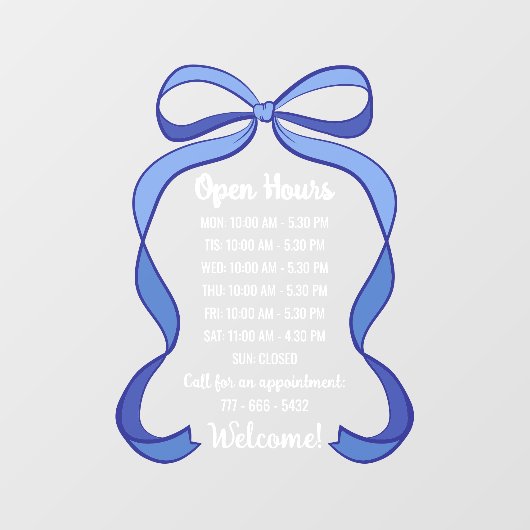 Coquette Blue Bow Small Business Open Hours Raamsticker (Vel)
