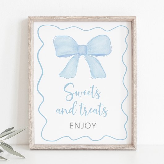 Coquette Blue Bow Sweet Treats Baby shower Sign Poster