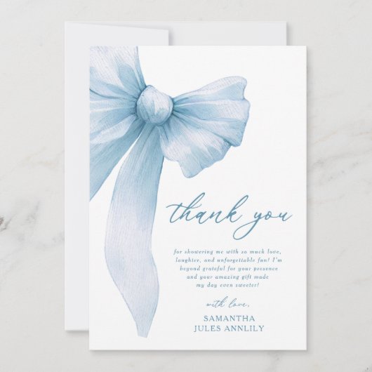 Coquette Blue Bow Vrijgezellenfeest Bedankkaart (Voorkant)