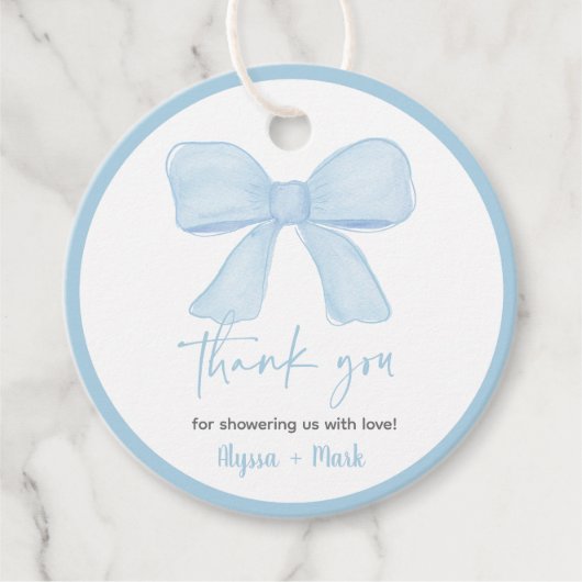 Coquette Blue Boy Bow Baby shower Bedankjes Labels (Voorkant)