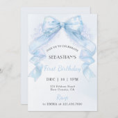 Coquette Blue Lace Bow Boy First Birthday Kaart (Voorkant / Achterkant)