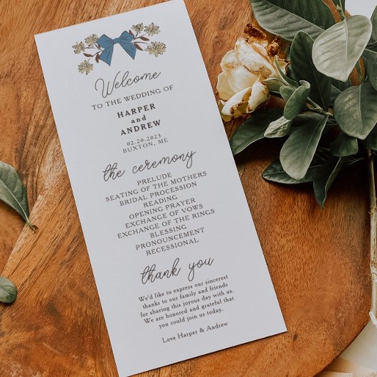 Coquette Blue Yellow Bows Wedding Ceremony Program Programmakaart