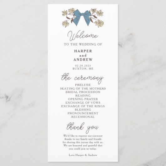 Coquette Blue Yellow Bows Wedding Ceremony Program Programmakaart (Voorkant)