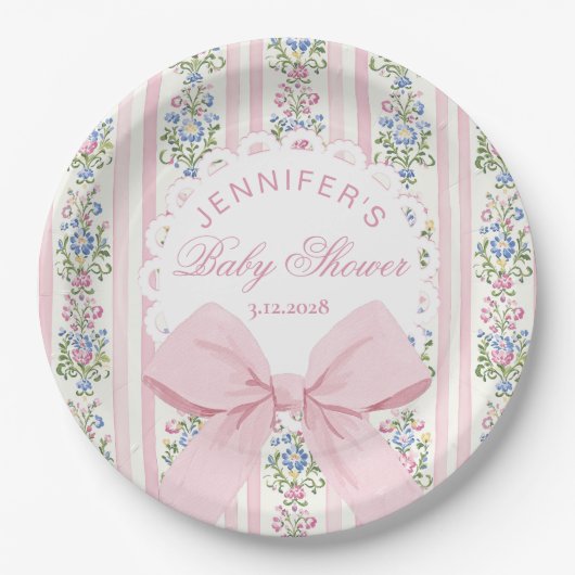 Coquette Blush Pink Bow Roos Baby shower Papieren Bordje (Voorkant)
