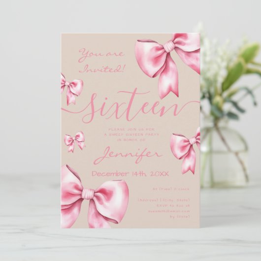 Coquette Blush Pink Bow Sweet 16 Party Champagne Kaart (Staand voorkant)