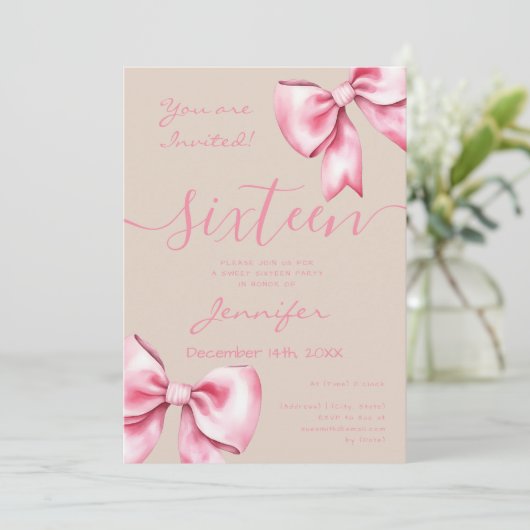 Coquette Blush Pink Bow Sweet 16 Party Champagne Kaart (Staand voorkant)
