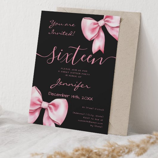 Coquette Blush Pink Bow Sweet 16 Party Zwart Kaart