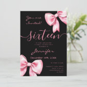 Coquette Blush Pink Bow Sweet 16 Party Zwart Kaart (Staand voorkant)