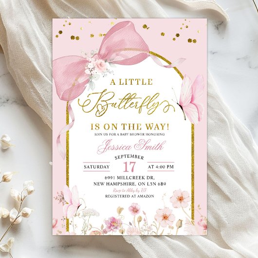 Coquette Blush Pink Butterfly Baby Shower Kaart