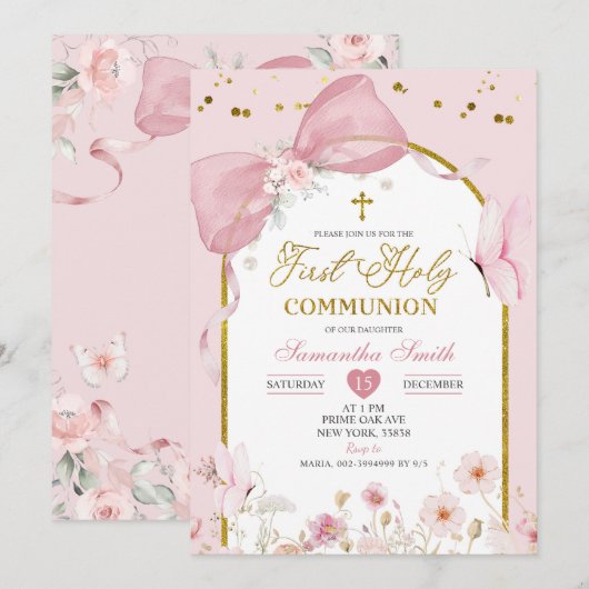 Coquette Blush Pink Butterfly First Holy Communion Kaart (Voorkant / Achterkant)