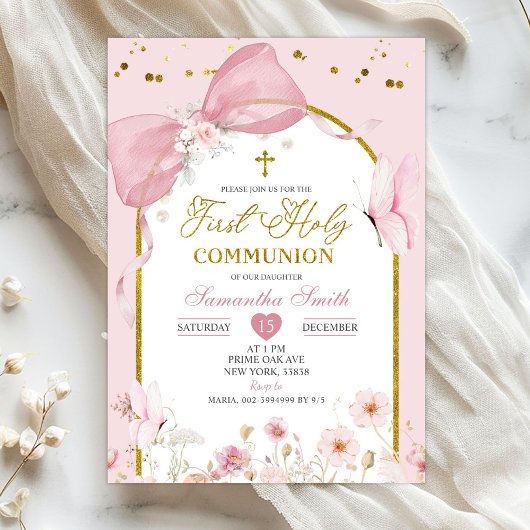 Coquette Blush Pink Butterfly First Holy Communion Kaart