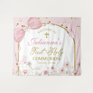 Coquette Blush Pink Butterfly First Holy Communion Wandkleed