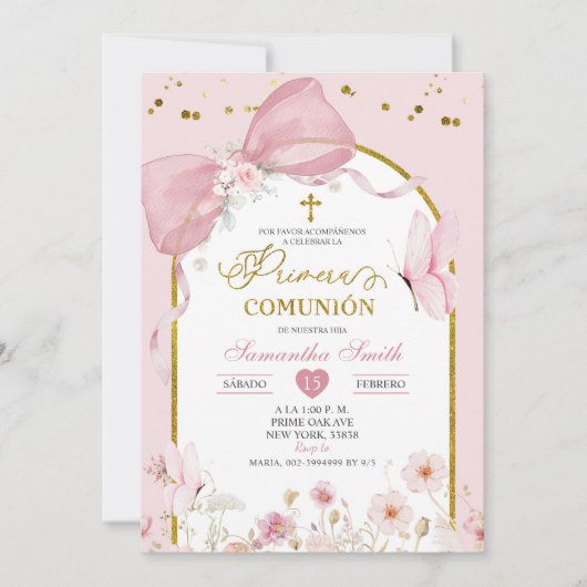 Coquette Blush Pink Butterfly Primera Communion Kaart (Voorkant)