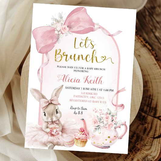 Coquette Blush Pink Floral Bow Bunny Baby Brunch Kaart