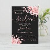 Coquette Blush Pink Sweet 16 Floral Zwart Kaart (Staand voorkant)