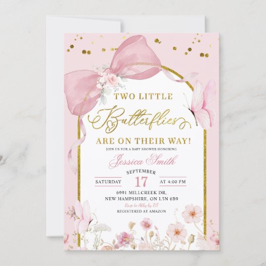 Coquette Blush Pink Twins Butterfly Baby Shower Kaart (Voorkant)