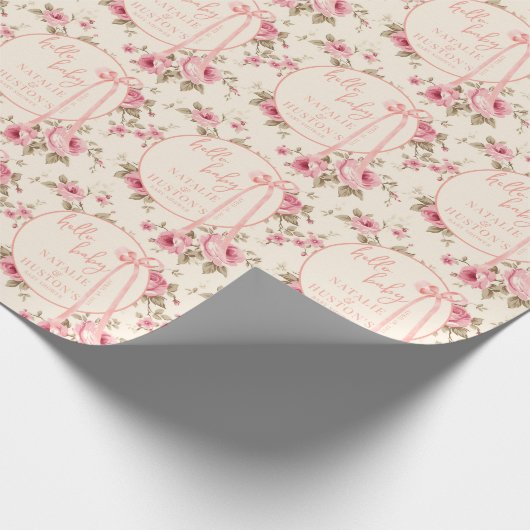 Coquette Blush Roze Bow Bloemen Baby shower Custom Cadeaupapier (Hoek)