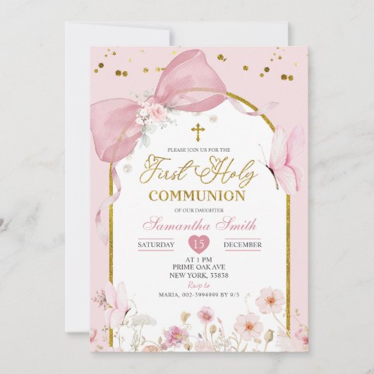 Coquette Blush Roze Vlinder Eerste Heilige Communi Kaart (Voorkant)