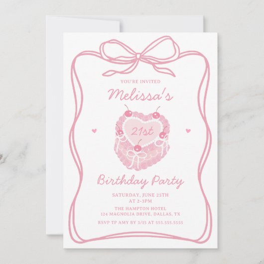 Coquette boog Cake verjaardagsfeestje uitnodiging (Voorkant)