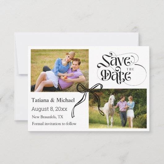 Coquette boog lint moderne kalligrafie 2 foto's save the date (Voorkant)