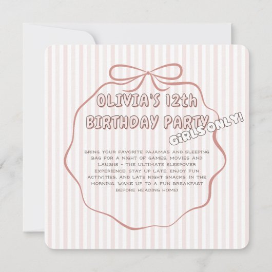 Coquette boog pyjama partij roze strepen verjaarda kaart (Achterkant)