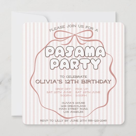 Coquette boog pyjama partij roze strepen verjaarda kaart (Voorkant)