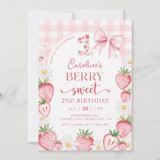 Coquette Bow Aardbei 2e verjaardag uitnodiging (Voorkant)