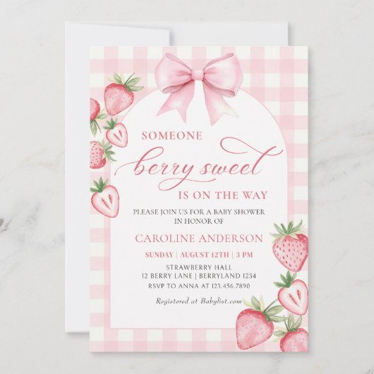 Coquette Bow Aardbei Baby shower Uitnodiging (Voorkant)