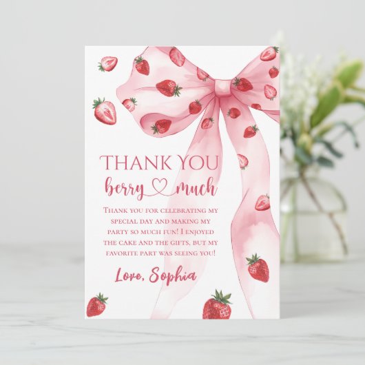 Coquette Bow Aardbei Verjaardag Bedankt Card (Staand voorkant)