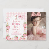 Coquette Bow Aardbeienbes Eerste Verjaardag Foto Kaart (Voorkant)
