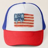 Coquette Bow American Flag Waterverf 4 juli Trucker Pet (Voorkant)