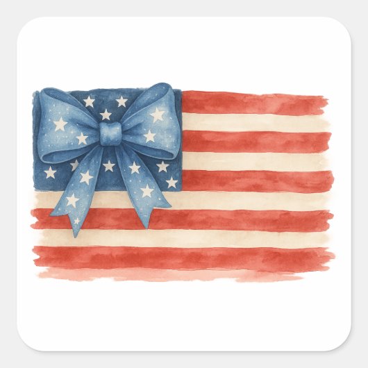 Coquette Bow American Flag Waterverf 4 juli Vierkante Sticker (Voorkant)