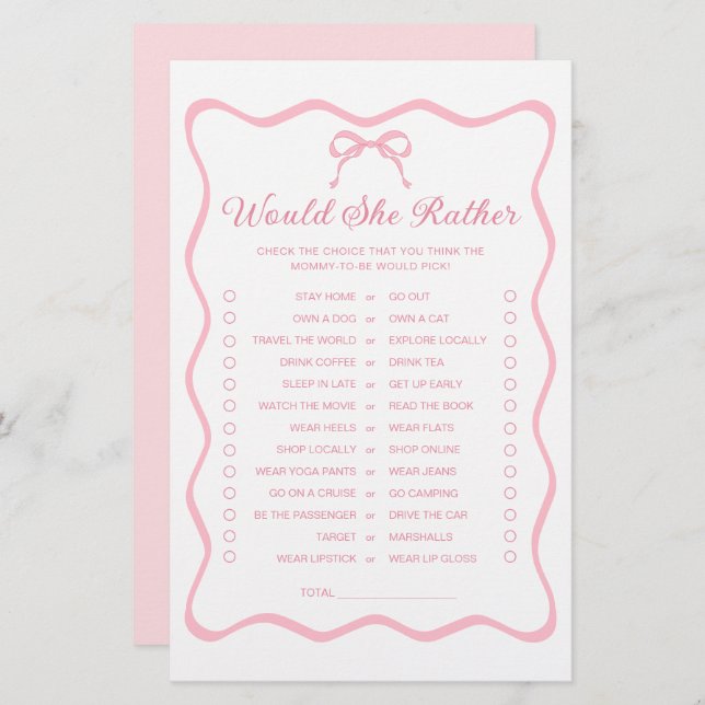 Coquette Bow Baby shower zou ze liever spel (Voorkant / Achterkant)