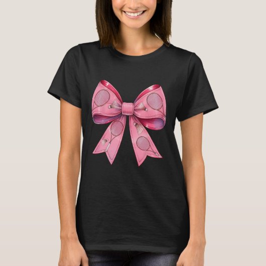 Coquette Bow Badminton Shuttle Racket Roze Lint T-shirt (Voorkant)